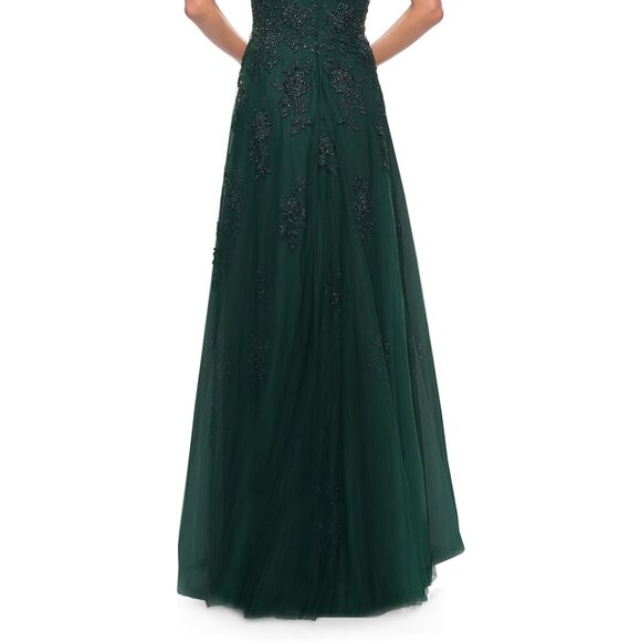 La Femme Emerald Lace A-Line Prom Dress - Picture 3 of 7